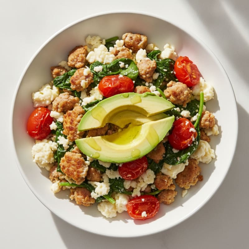 Egg White and Turkey Sausage Scramble with Spinach and Cherry Tomatoes