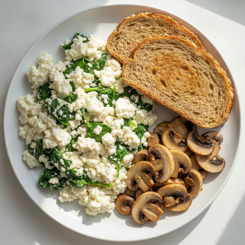 Egg White Spinach Scramble with Cottage Cheese and Sautéed Mushrooms