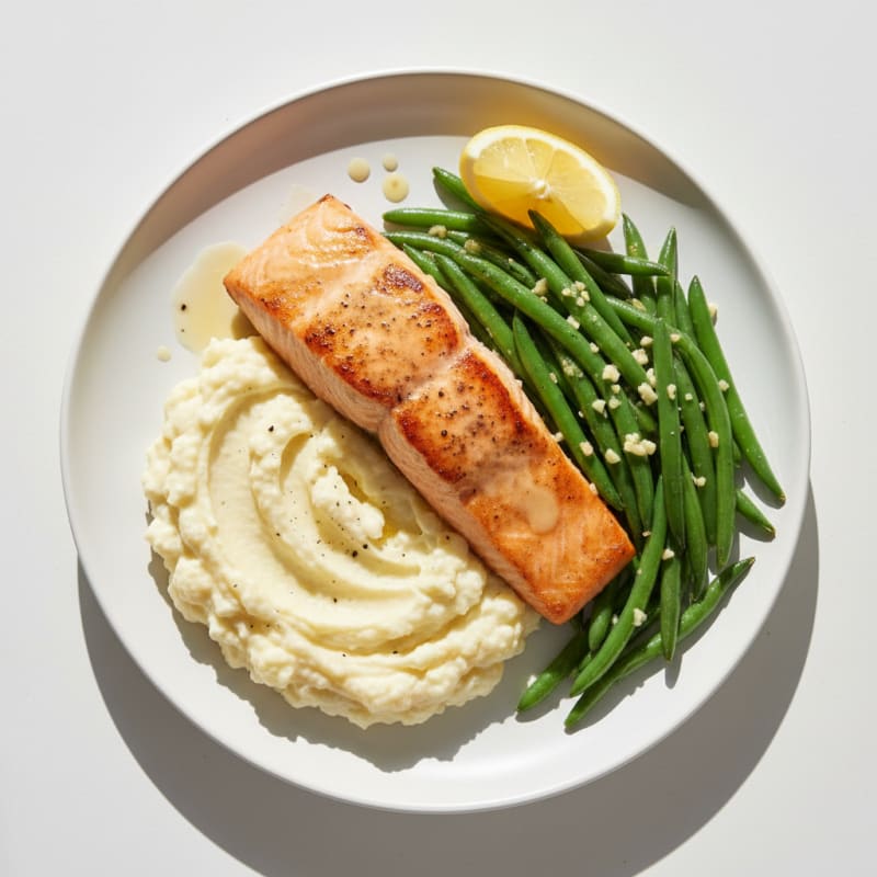 Seared Salmon Fillet with Garlic Green Beans and Cauliflower Mash