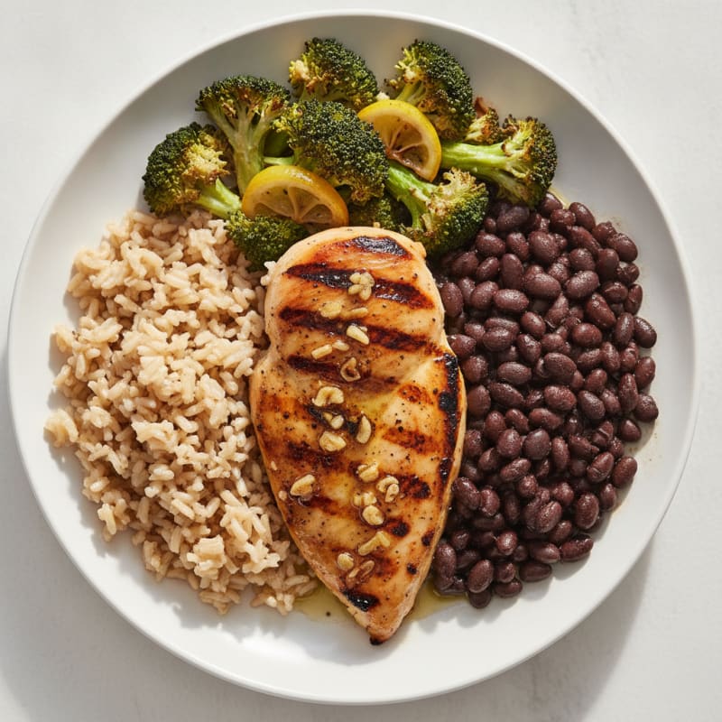 Grilled Chicken Breast with Black Beans, Brown Rice, and Roasted Broccoli