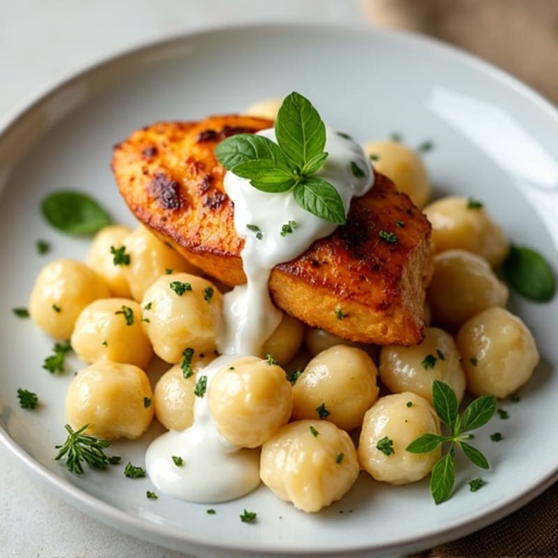 Sweet Potato Gnocchi with Creamy Lemon-Herb Sauce and Pan-Seared Chicken