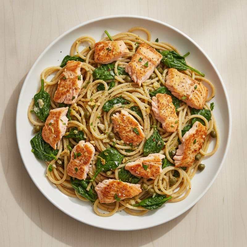 Lemon-Garlic Salmon Spaghetti with Capers