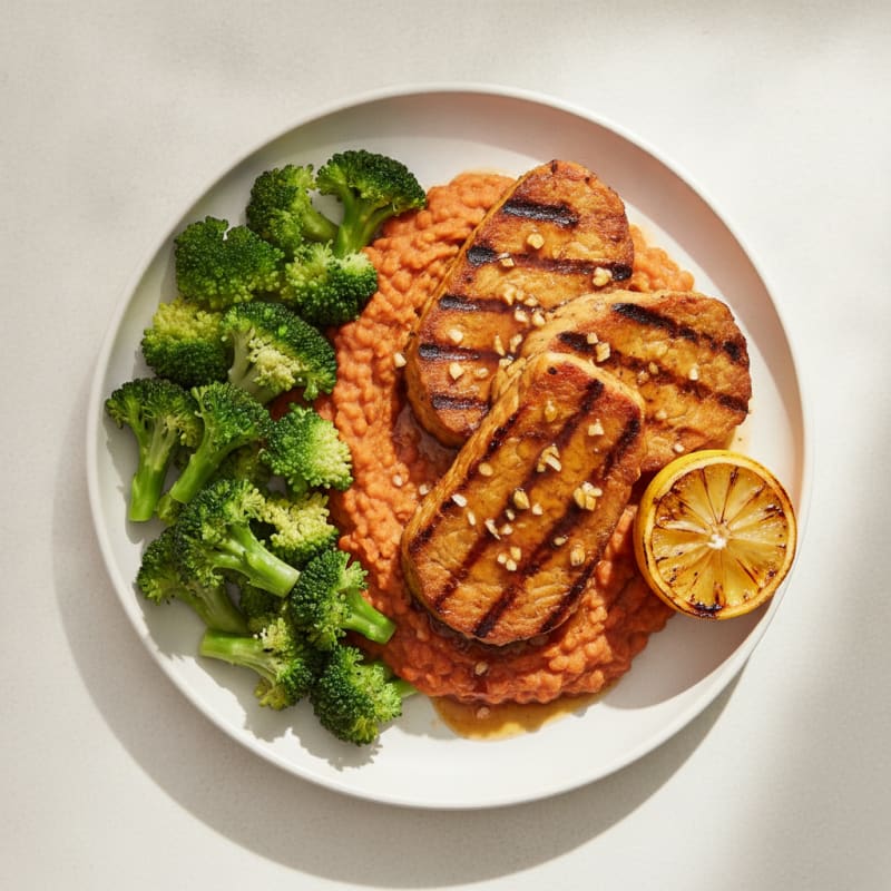 Grilled Tempeh Steaks with Silky Lentil Mash and Steamed Broccoli