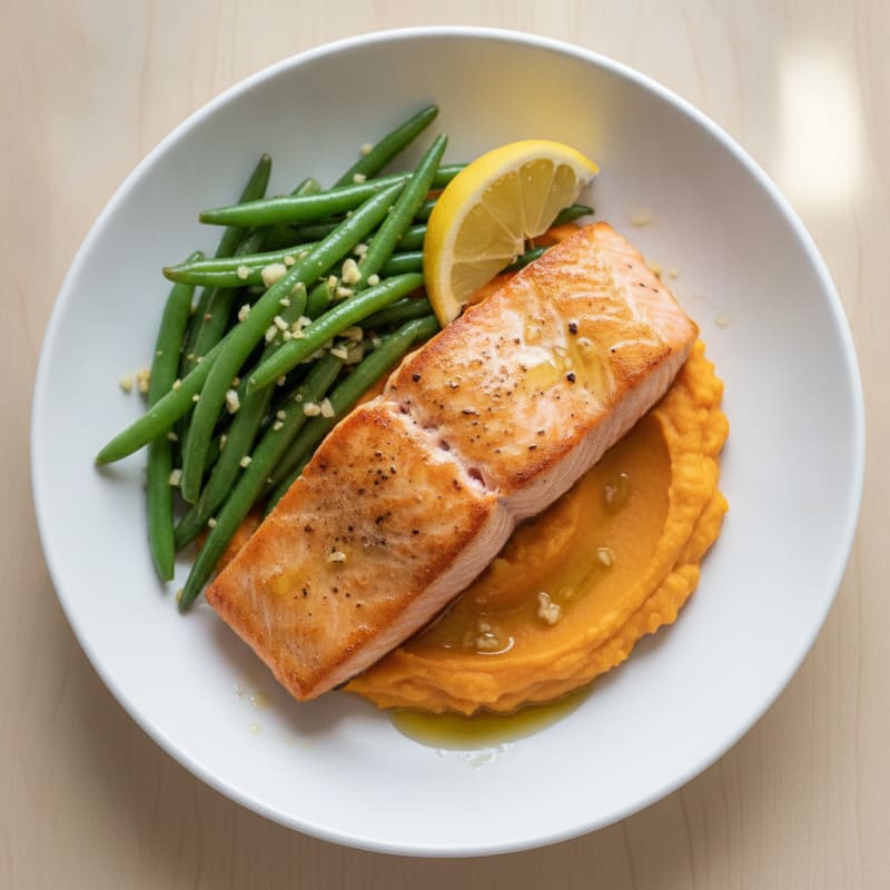 Seared Salmon with Garlic Green Beans and Sweet Potato Mash