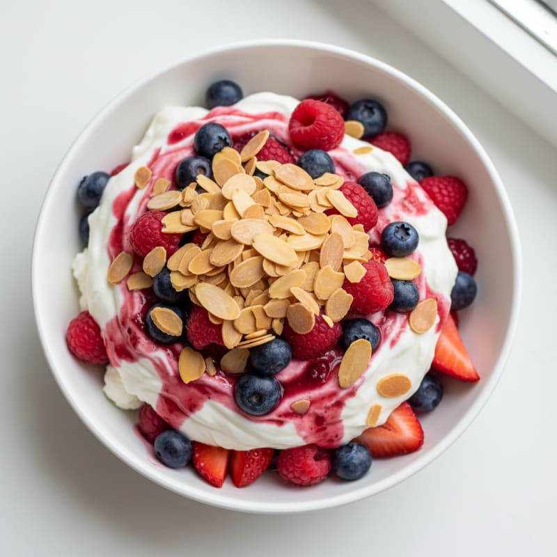 Greek Yogurt Protein Parfait with Mixed Berries and Almonds