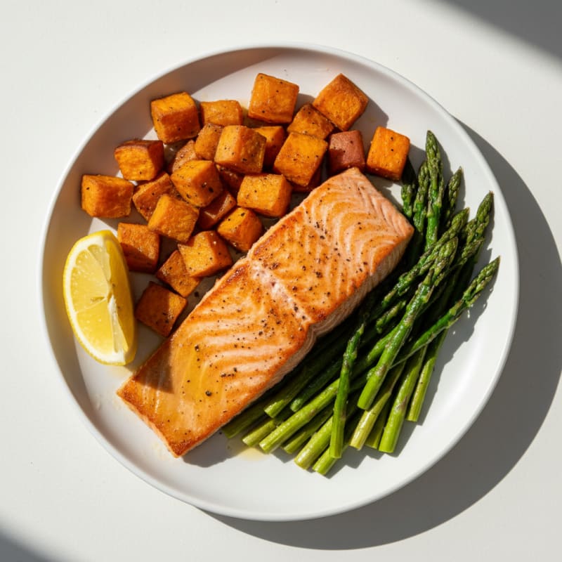Seared Salmon with Roasted Sweet Potato and Asparagus