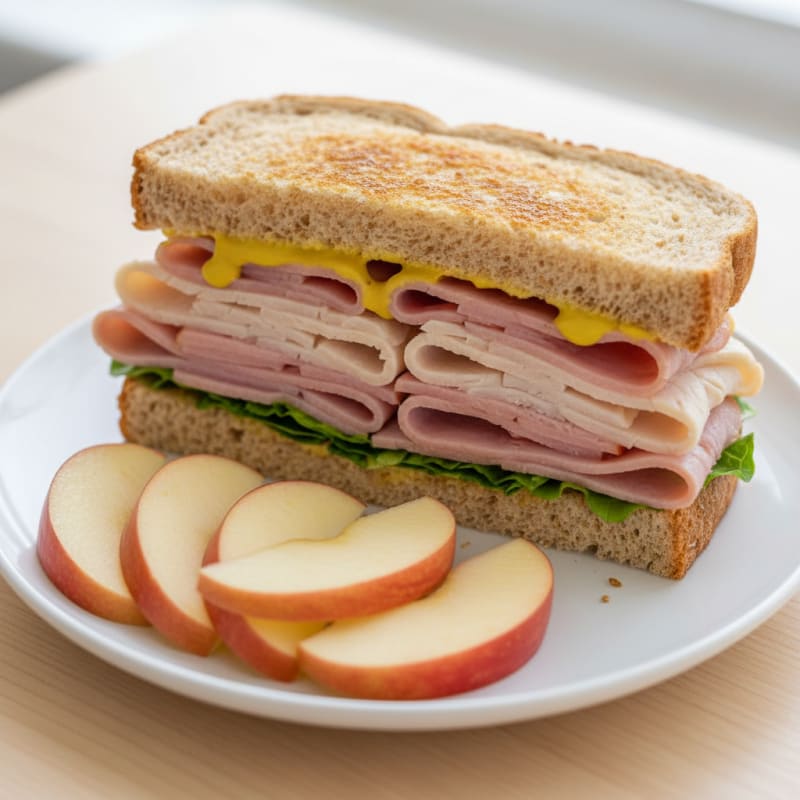 Deli Turkey and Ham Sandwich on Whole Wheat Bread with Apple Slices