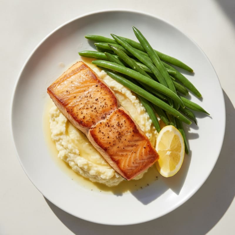 Seared Salmon with Steamed Green Beans and Cauliflower Mash