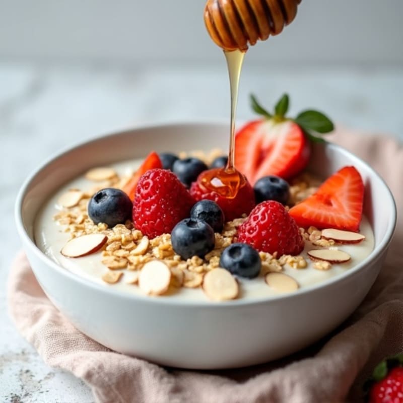 Creamy Greek Yoghurt Oats with Sliced Almonds and Berries