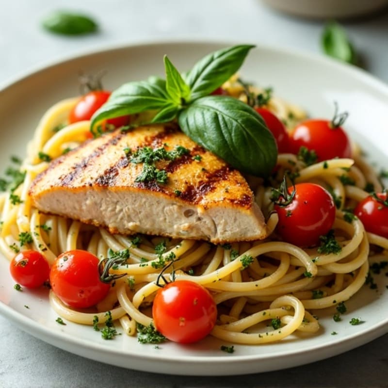 Chicken Pesto Whole Wheat Pasta with Roasted Cherry Tomatoes