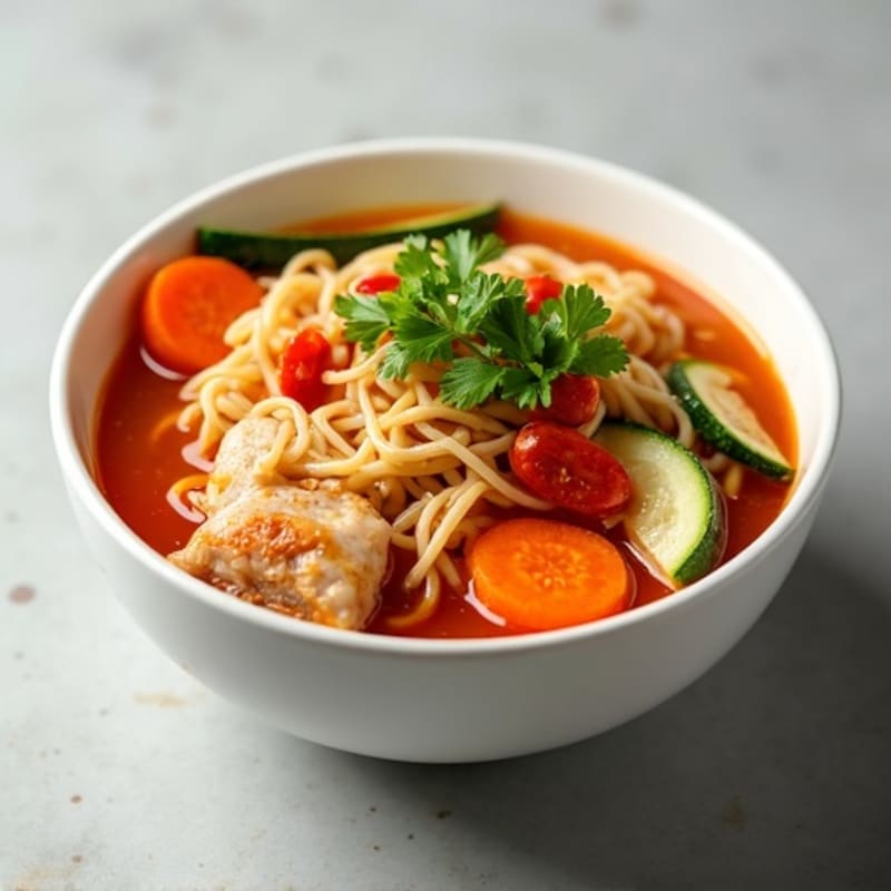 Spicy Sriracha Chicken and Fresh Vegetable Noodle Soup