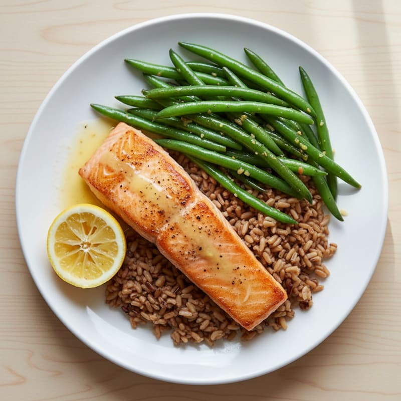 Seared Salmon Fillet with Garlic Green Beans and Brown Rice