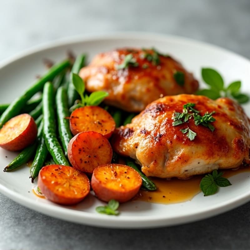 Maple-Glazed Chicken Thighs with Roasted Sweet Potatoes and Crispy Green Beans