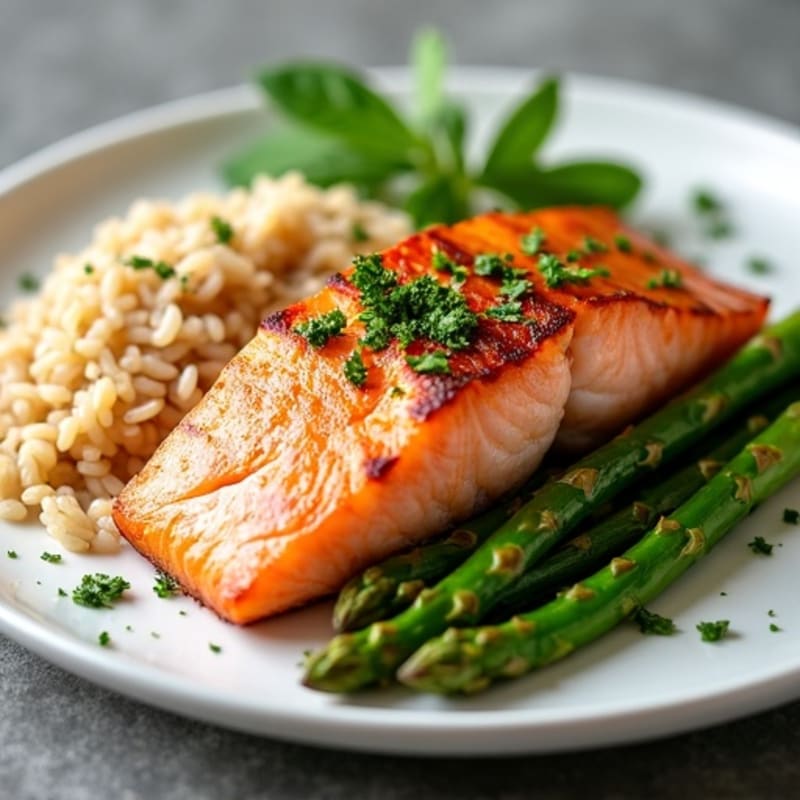 Seared Salmon with Steamed Asparagus and Brown Rice