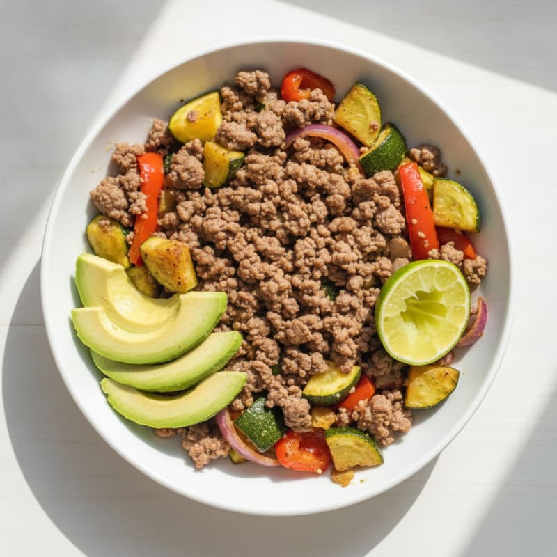 Ground Beef and Roasted Vegetable Bowl with Avocado