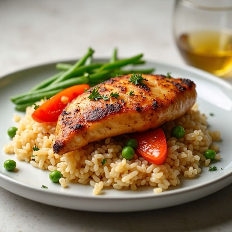 Tender Spiced Chicken and Savory Rice with Bell Peppers and Peas
