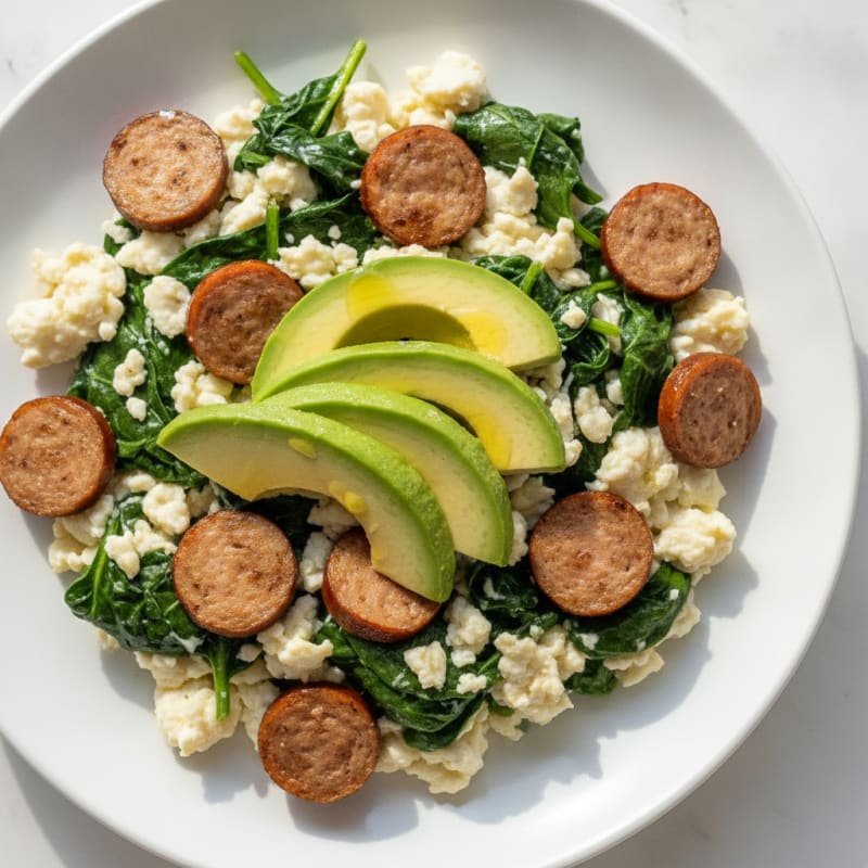 Egg White Spinach Scramble with Turkey Sausage