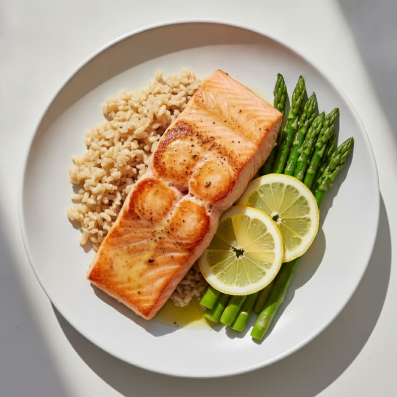Seared Salmon with Steamed Asparagus and Brown Rice