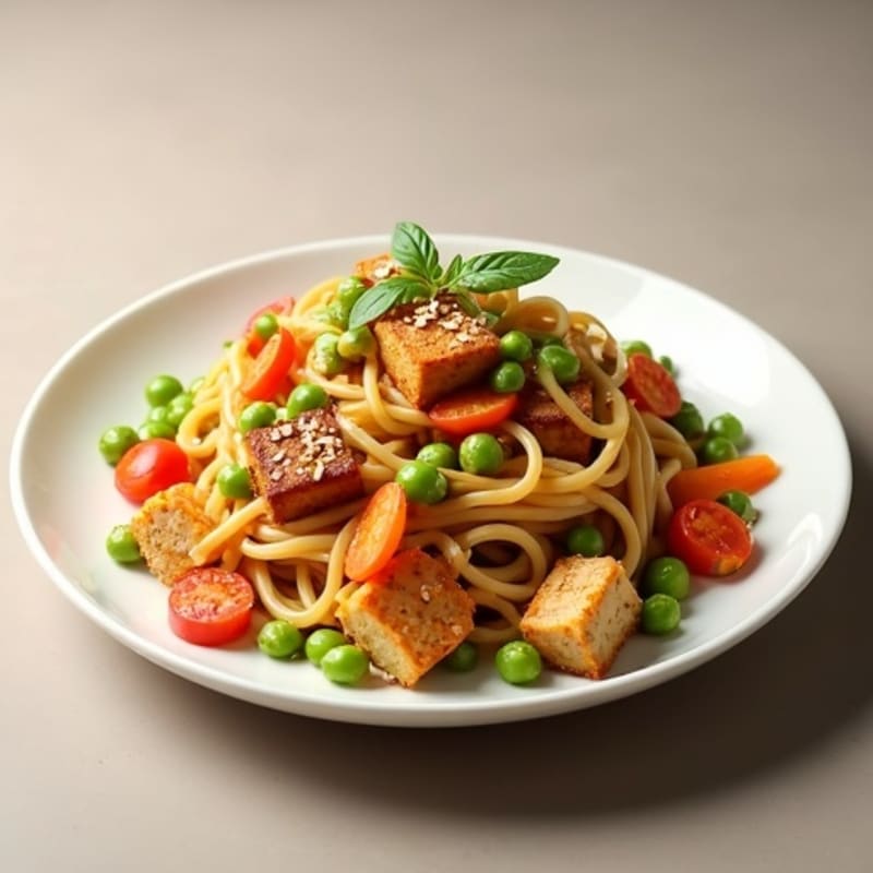 Crispy Tofu Peanut Noodles with Fresh Vegetables