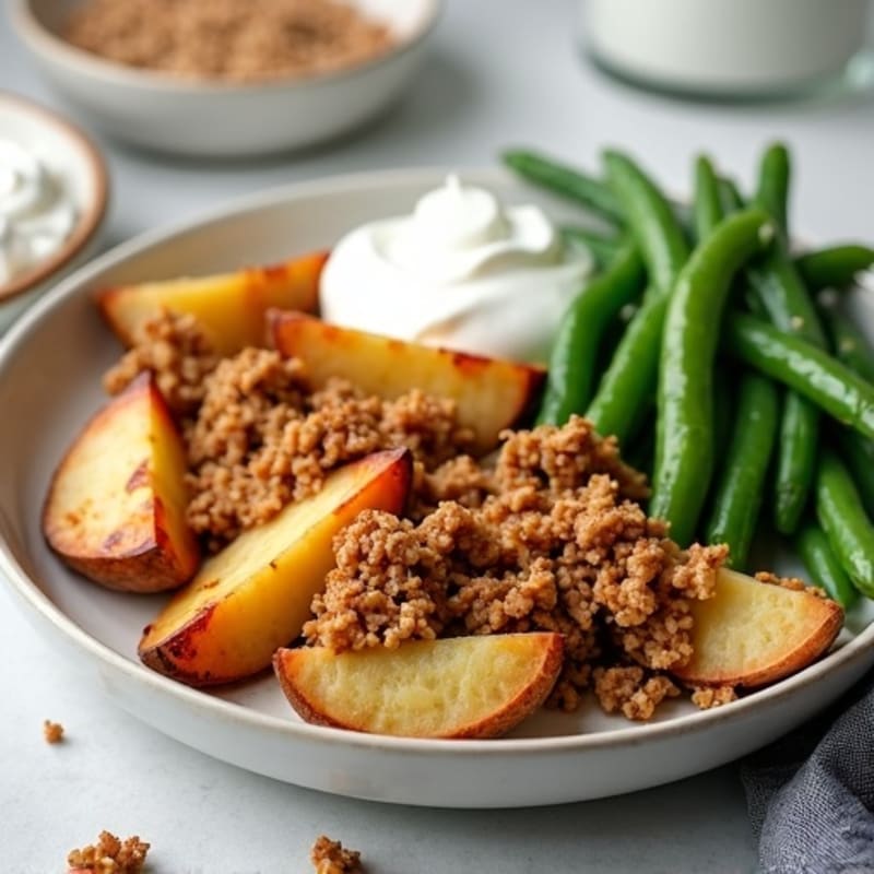 Crispy Baked Potatoes with Lean Ground Turkey, Steamed Green Beans, and Creamy Greek Yogurt