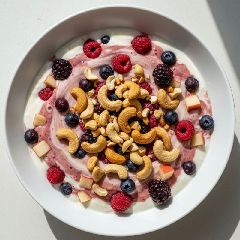 Protein Smoothie with Greek Yogurt, Mixed Berries, Apple, and Cashew
