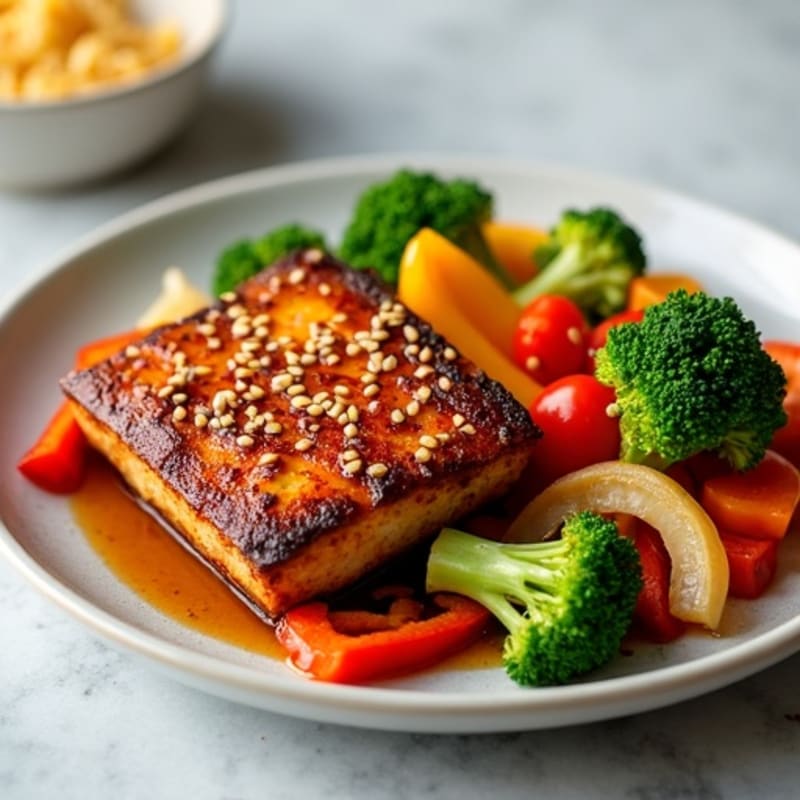 Sweet-Sticky Maple Glazed Tempeh with Crispy Vegetables