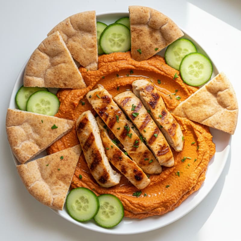 Roasted Red Pepper Hummus with Pita and Grilled Chicken