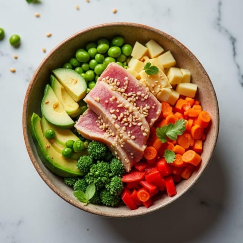 Fresh Tuna Sesame Ginger Bowl with Creamy Avocado and Crunchy Vegetables