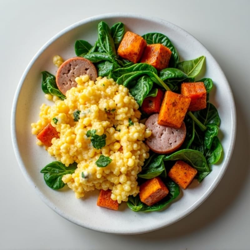 Egg White and Turkey Sausage Scramble with Spinach and Roasted Sweet Potatoes