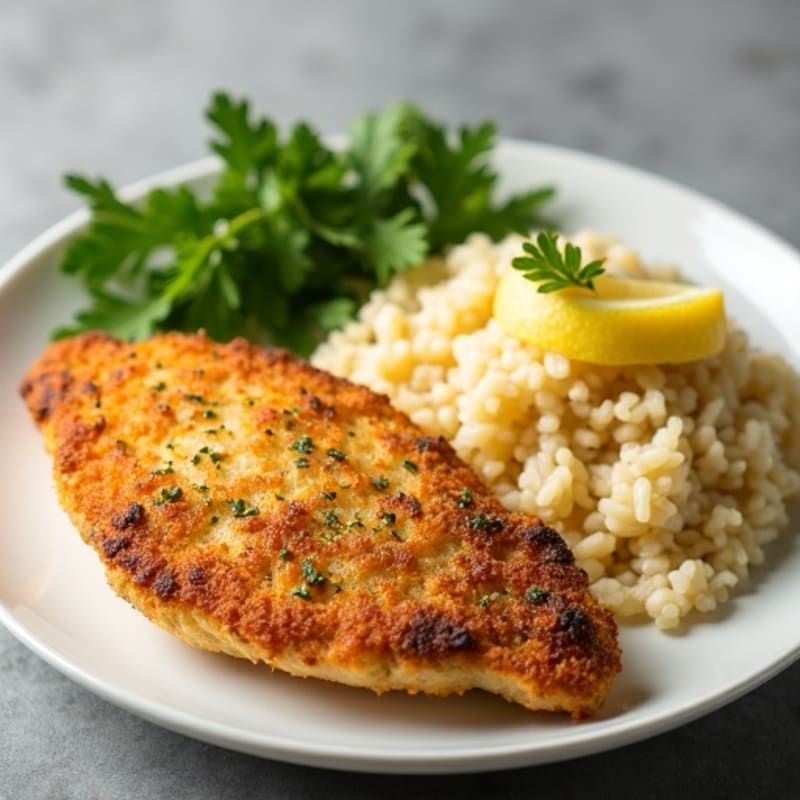 Crispy Herb-Crusted Chicken Cutlet with Lemon Garlic Rice