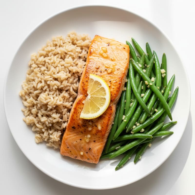 Seared Salmon Filet with Garlic Green Beans and Brown Rice