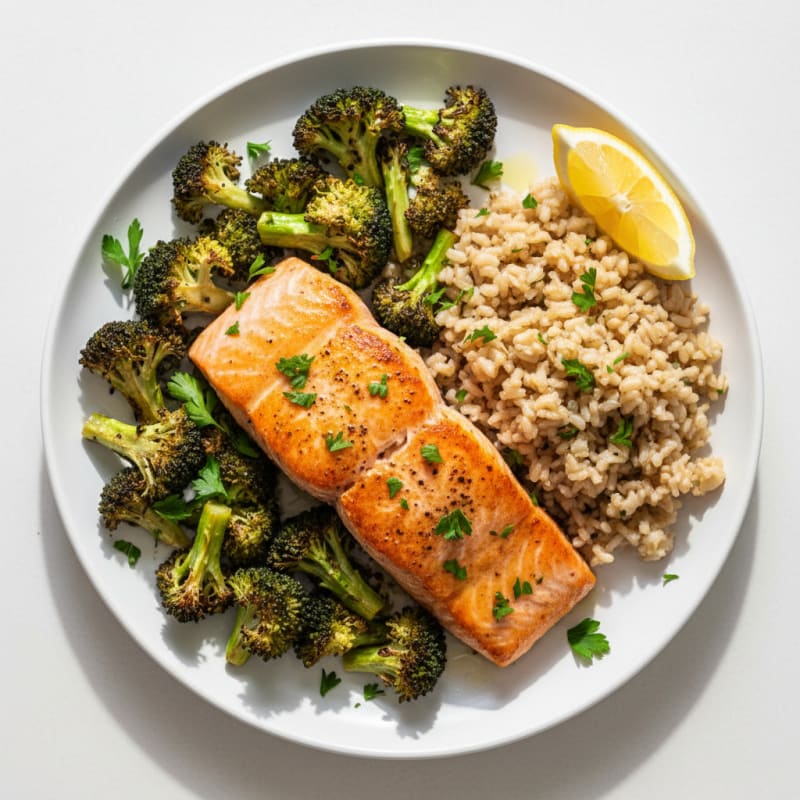 Seared Salmon with Roasted Broccoli and Herb Brown Rice