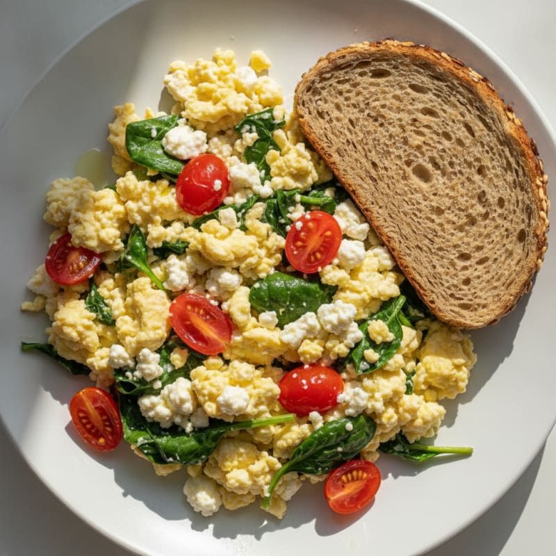 Cottage Cheese Egg Scramble with Spinach and Cherry Tomatoes