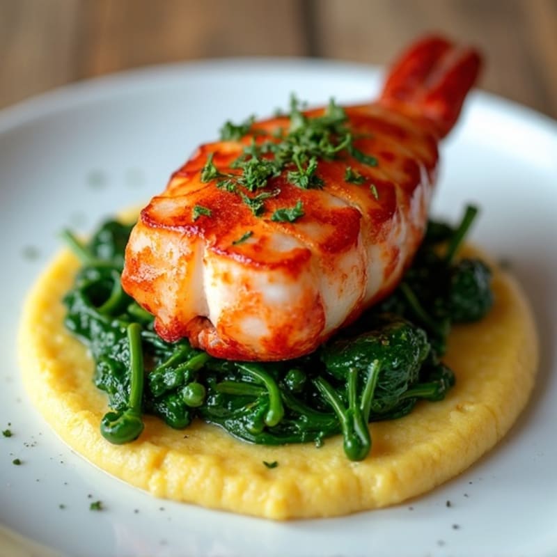 Pan-Seared Lobster with Creamy Polenta and Sautéed Spinach