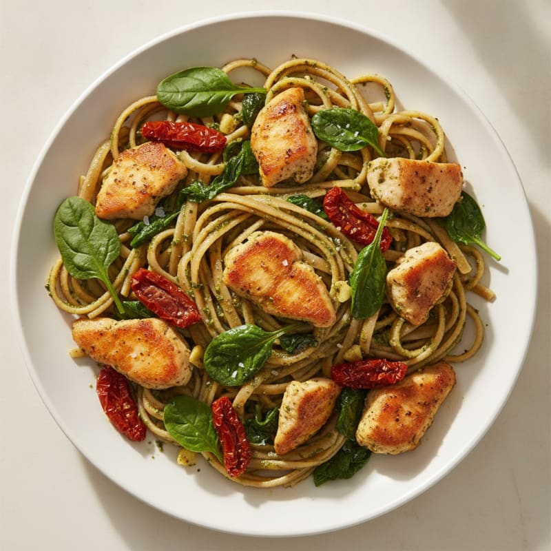 Pesto Chicken Linguine with Sun-Dried Tomatoes