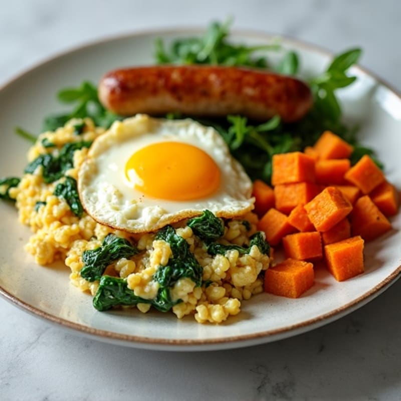 Egg White and Turkey Sausage Scramble with Spinach and Roasted Sweet Potatoes