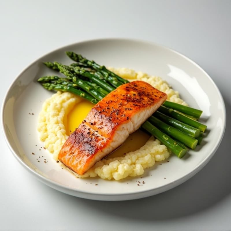 Seared Salmon with Steamed Asparagus and Cauliflower Mash