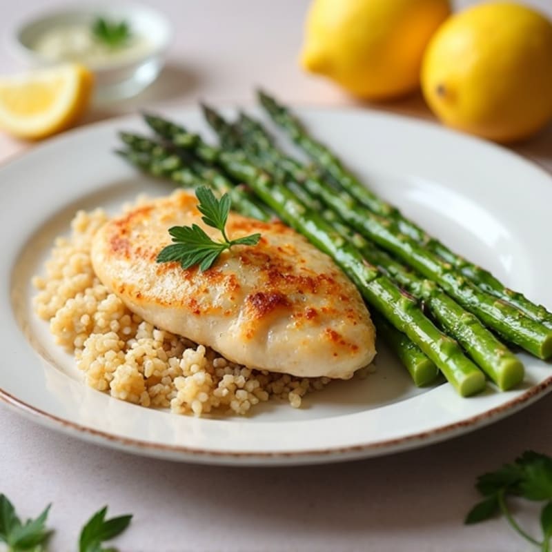 Lemon Garlic Pan-Seared Chicken with Roasted Asparagus and Fluffy Quinoa