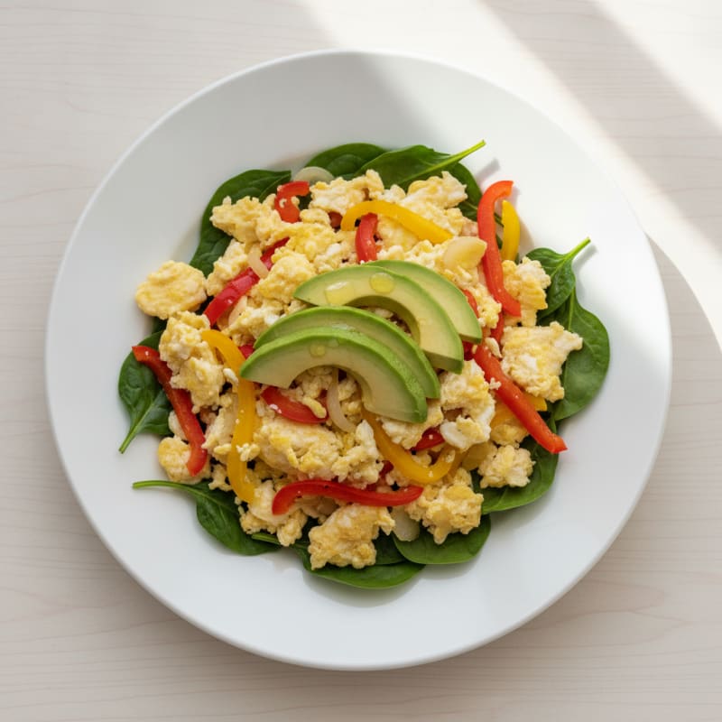 Egg White Veggie Scramble with Sautéed Spinach