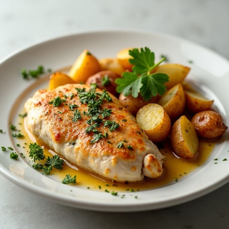 Herb-Garlic Butter Pan Seared Chicken with Roasted Baby Potatoes