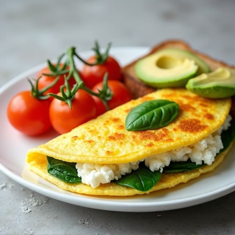 Egg White Spinach Omelette with Cottage Cheese, Sliced Tomatoes & Avocado Toast