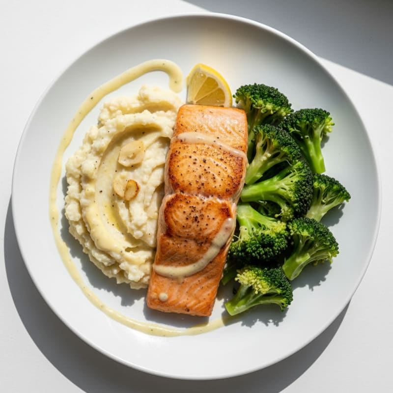 Seared Salmon Fillet with Steamed Broccoli and Garlic Cauliflower Mash
