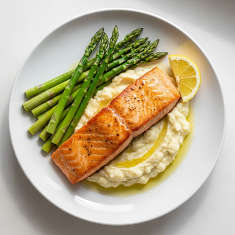 Seared Salmon with Steamed Asparagus and Garlic Mashed Cauliflower