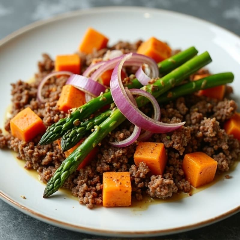 Ground Beef & Sweet Potato Hash with Crispy Asparagus