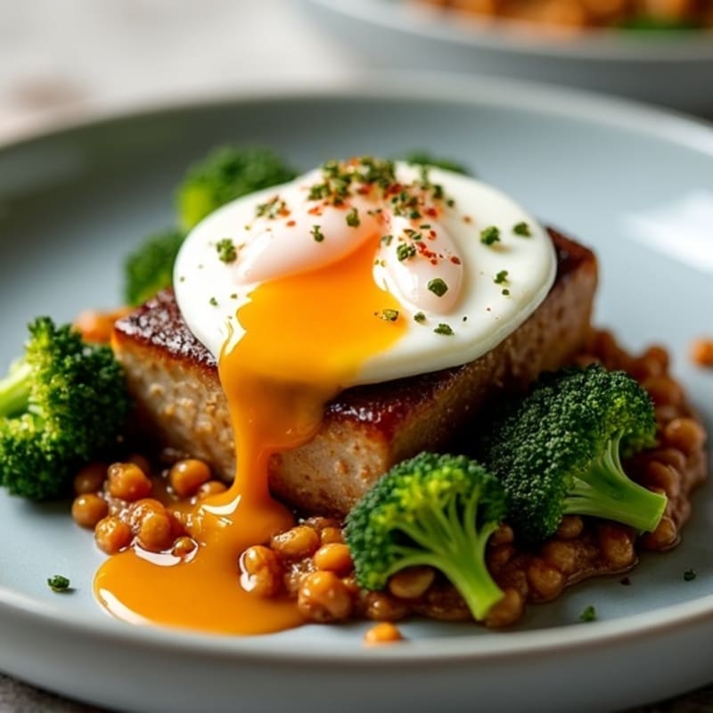 Tender Slow-Braised Pork Belly with Roasted Broccoli and Poached Egg