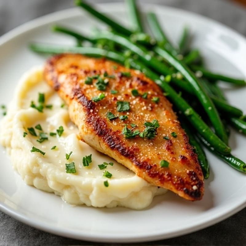 Pan-Seared Chicken with Creamy Garlic Mashed Potatoes and Crispy Roasted Green Beans