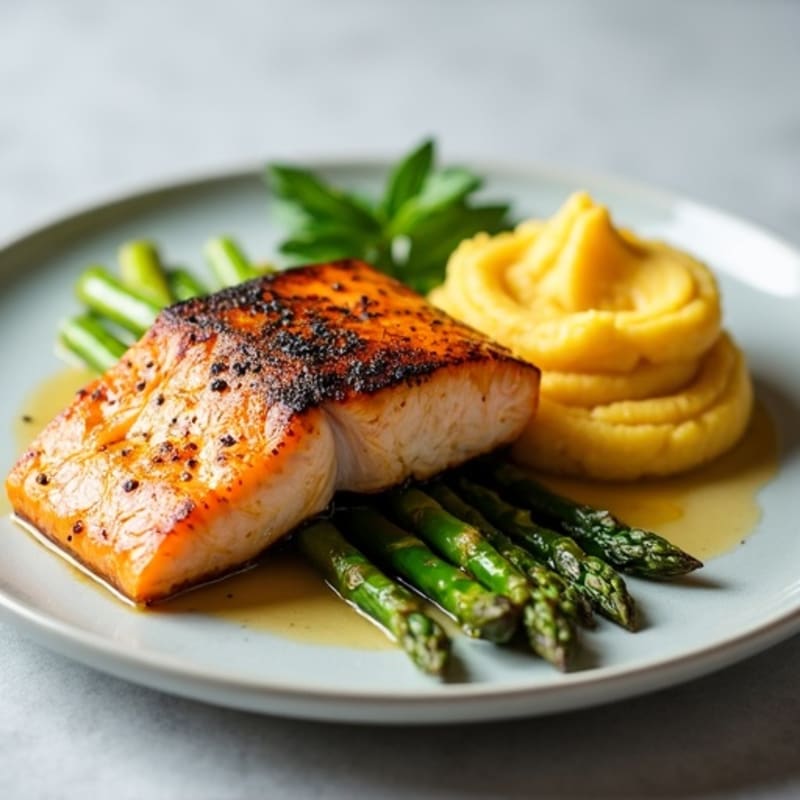 Seared Salmon with Steamed Asparagus and Mashed Sweet Potato