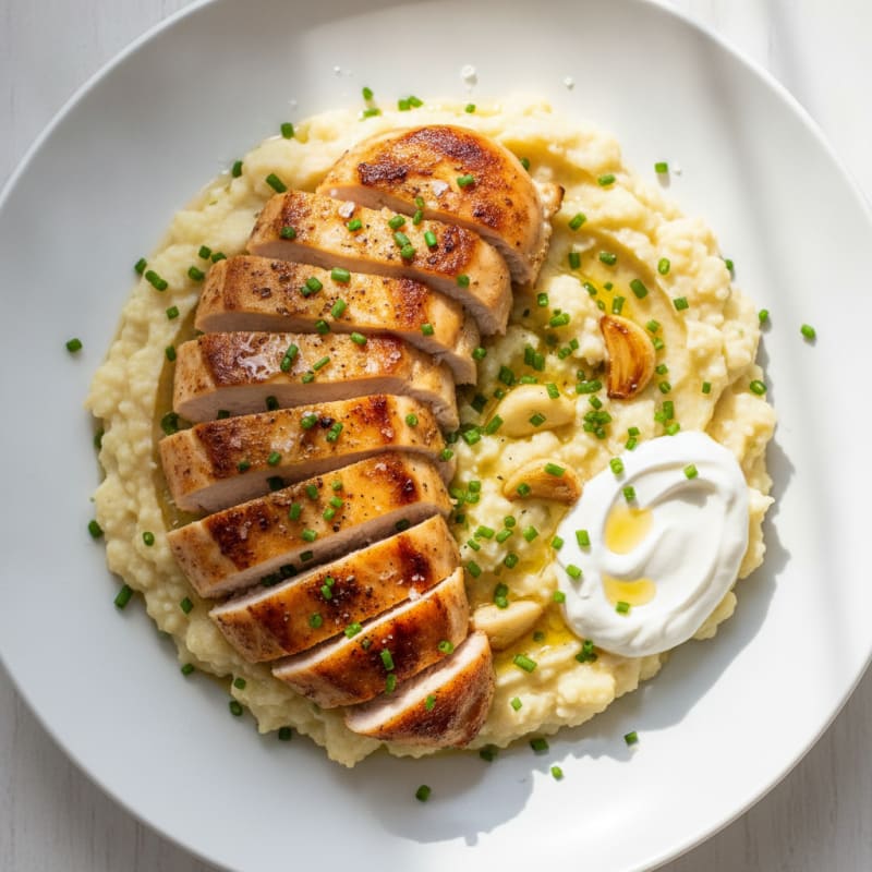 Roasted Garlic Cauliflower Mash with Pan-Seared Chicken