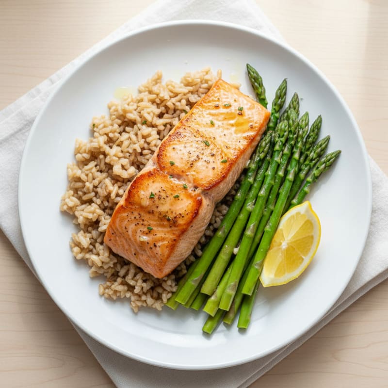 Seared Salmon Fillet with Steamed Asparagus and Brown Rice
