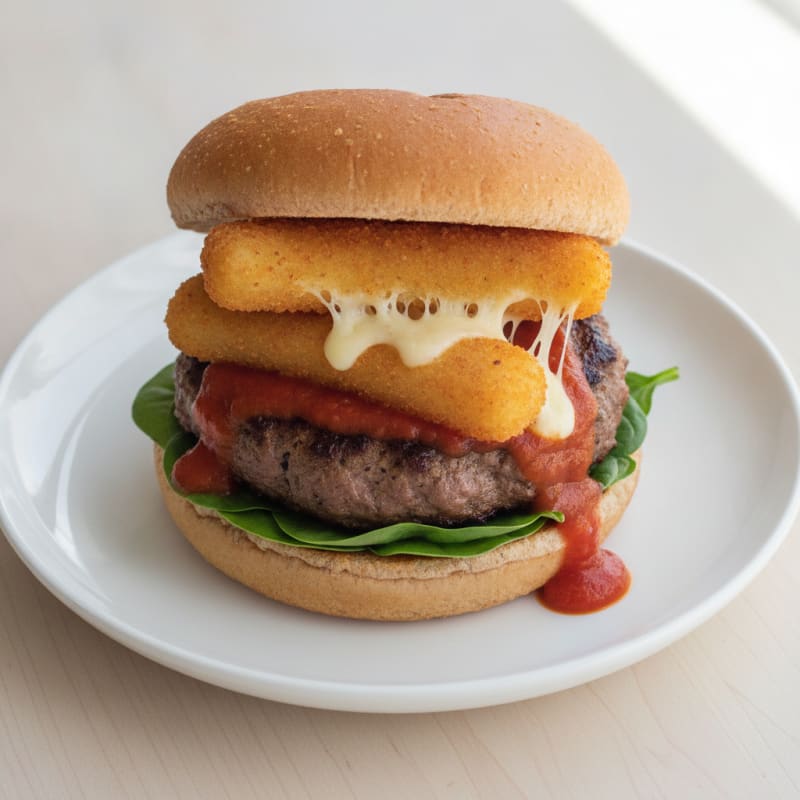 Mozzarella Stick Beef Burger with Marinara